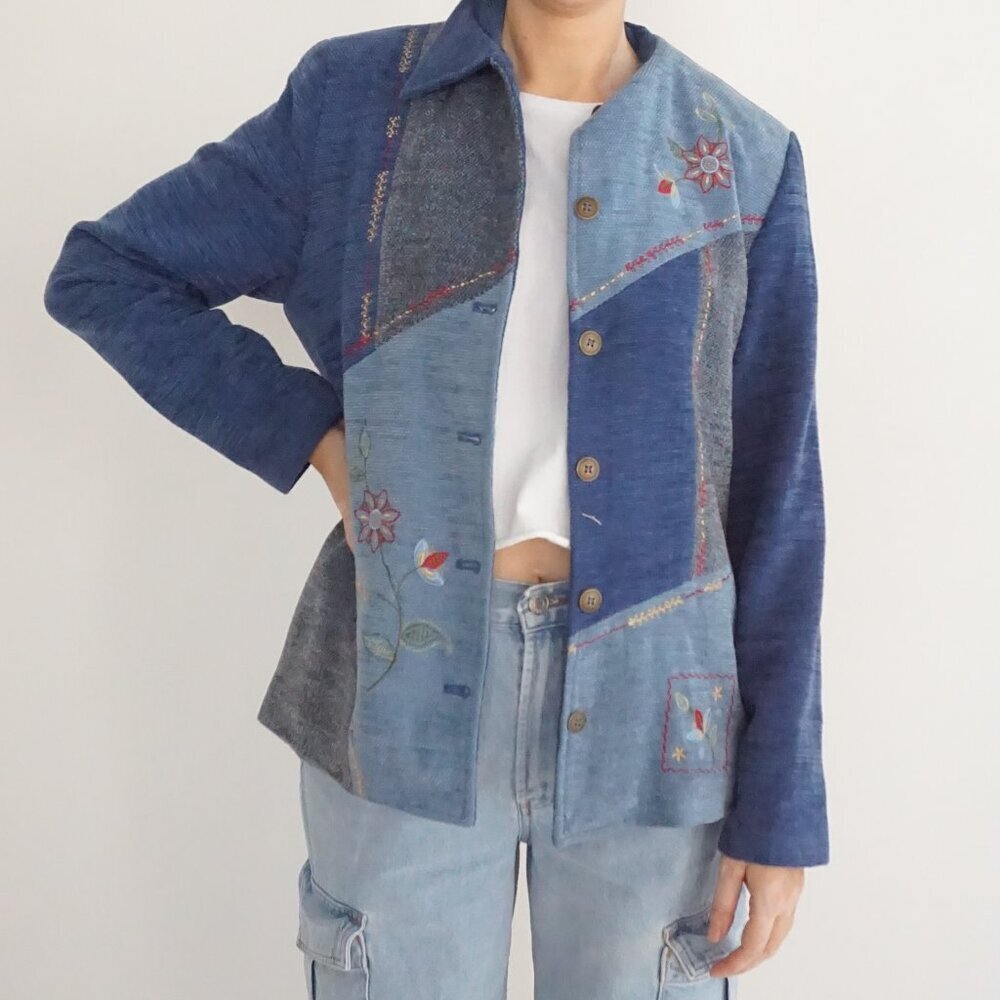 Vintage Alfred Dunner Blue Patchwork Floral Embroidered Cottage Button Jacket S